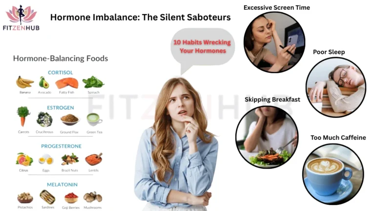 Visual guide showing hormone imbalance triggers and hormone-balancing foods for women, with habits like poor sleep and skipping breakfast, and foods like avocado, flaxseed, and green tea.