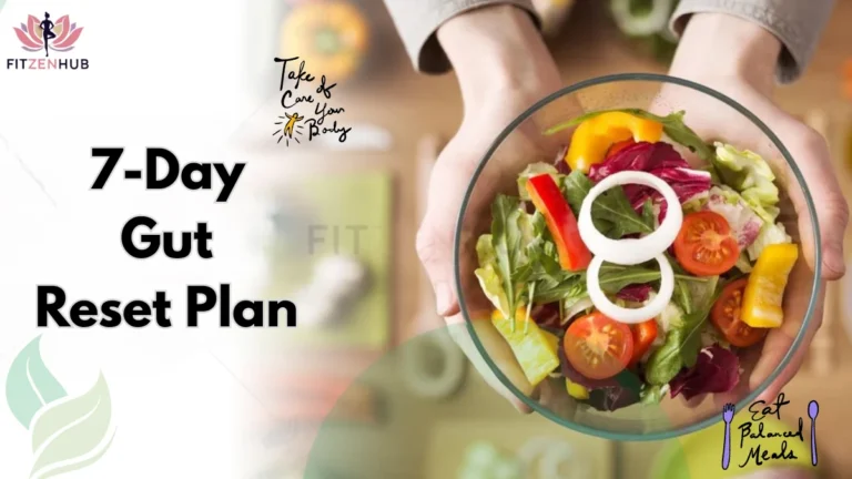 Person holding a fresh salad bowl with colorful vegetables including lettuce, tomatoes, peppers, and onions, promoting a 7-Day Gut Reset Plan for better digestion and health.