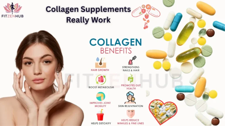 A woman with glowing skin poses beside illustrations of colorful collagen supplements and icons showing the benefits of collagen, including hair growth, gut health, metabolism boost, joint mobility, skin rejuvenation, and wrinkle reduction.