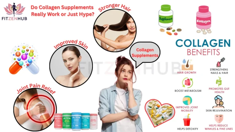 A visual guide highlighting the potential benefits of collagen supplements for women, including improved skin, stronger hair, joint pain relief, and gut health.
