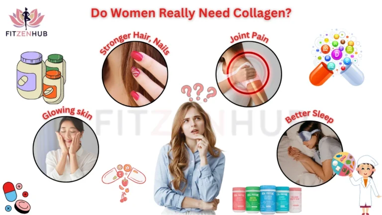 A visual guide exploring the benefits of collagen supplements for women, including glowing skin, stronger hair and nails, joint pain relief, and better sleep, featuring illustrations of vitamins, supplements, and wellness icons.