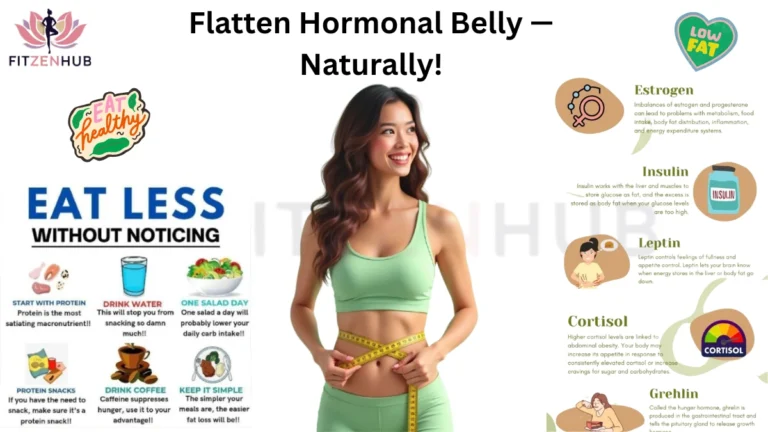 Smiling woman in green workout clothes measuring her waist, surrounded by infographics on eating less naturally and balancing hormones like estrogen, insulin, leptin, cortisol, and ghrelin to flatten hormonal belly.