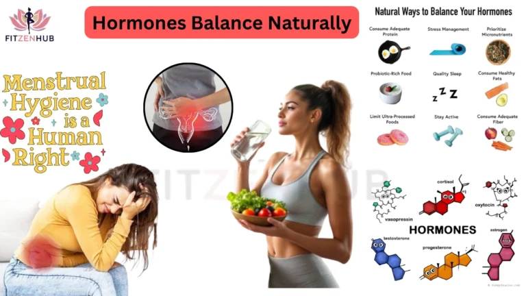 Illustration of natural ways to balance hormones in women, including diet, exercise, sleep, stress management, and menstrual health awareness, with visuals of healthy food, hormone molecules, and women experiencing menstrual symptoms.