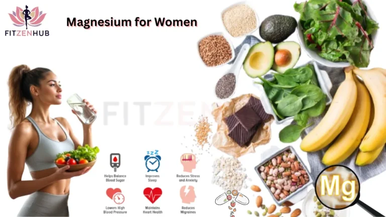 Woman holding salad and drinking water, surrounded by magnesium-rich foods like bananas, spinach, avocado, nuts, and dark chocolate, with icons showing magnesium health benefits for women.
