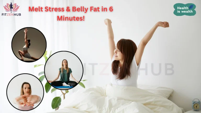 Woman stretching happily in bed with yoga and meditation images around, promoting stress relief and belly fat reduction in 6 minutes.