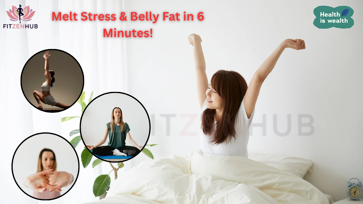Woman stretching happily in bed with yoga and meditation images around, promoting stress relief and belly fat reduction in 6 minutes.