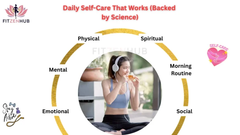 Infographic on daily self-care backed by science, showing key areas of wellness including physical, mental, emotional, spiritual, social, and morning routine, with a woman practicing healthy habits.
