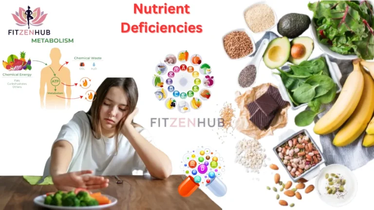 Tired young woman rejecting vegetables due to fatigue, surrounded by nutrient-rich foods like spinach, avocado, banana, and nuts, with visuals of metabolism, vitamins, and nutrient deficiency graphics.