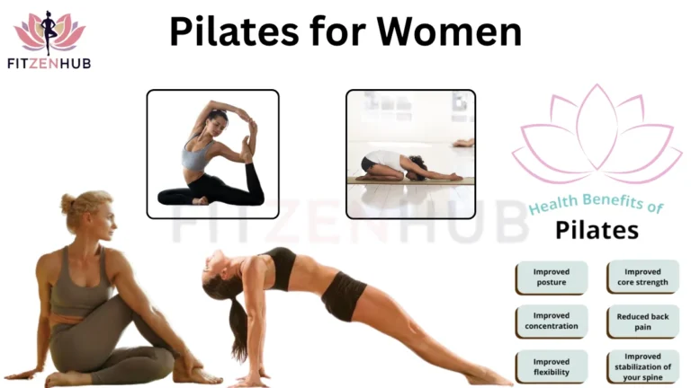 Women performing various Pilates poses with text listing health benefits of Pilates, including improved posture, core strength, flexibility, back pain relief, and spinal stability.
