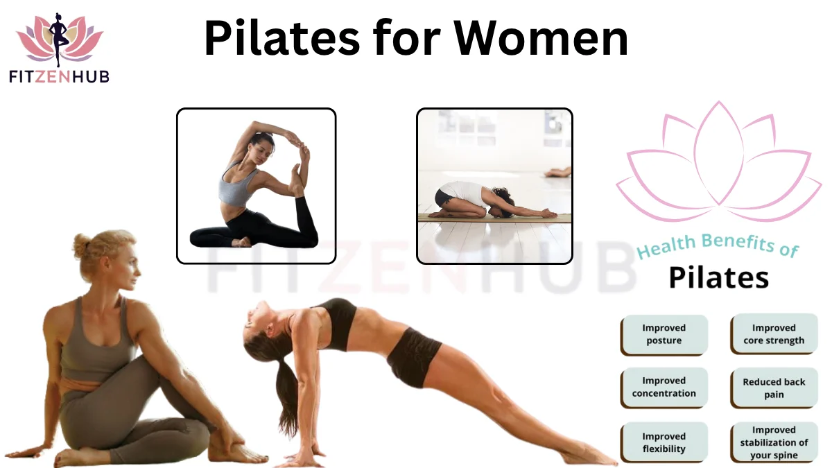 Women performing various Pilates poses with text listing health benefits of Pilates, including improved posture, core strength, flexibility, back pain relief, and spinal stability.