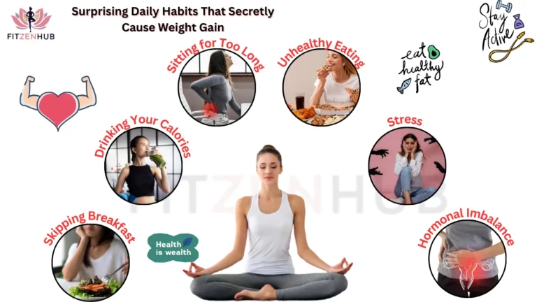 Surprising daily habits that secretly cause weight gain such as sitting too long, unhealthy eating, stress, hormonal imbalance, skipping breakfast, and drinking calories.