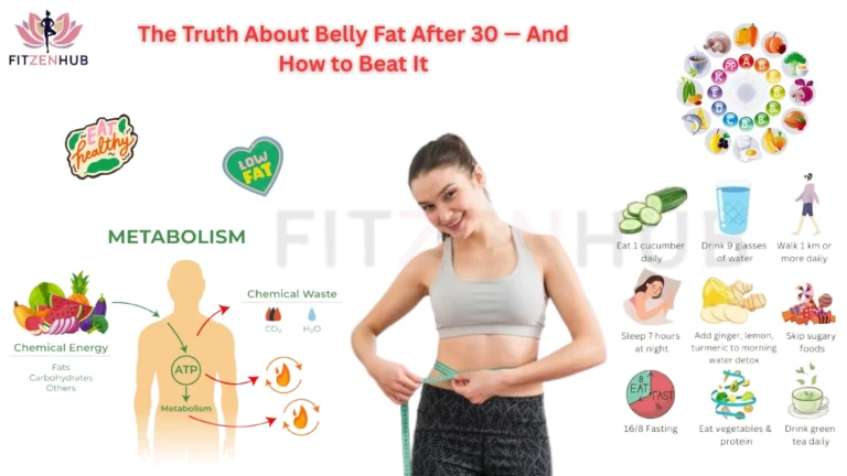 Tips to reduce belly fat after 30 with healthy diet, metabolism boost, hydration, exercise, fasting, and better sleep.
