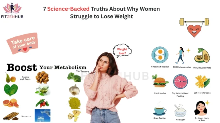 7 science-backed reasons women struggle to lose weight and effective tips like protein-rich breakfast, 5000 steps daily, intermittent fasting, good fats, greens, and better sleep.
