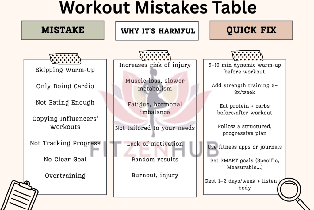 A workout mistakes table with three columns: Mistake, Why It’s Harmful, and Quick Fix. Mistakes listed include skipping warm-up, only doing cardio, not eating enough, copying influencers' workouts, not tracking progress, no clear goal, and overtraining. Each mistake is paired with a reason it’s harmful (e.g., injury risk, fatigue, hormonal imbalance, random results) and a quick fix (e.g., dynamic warm-up, eat protein + carbs, set SMART goals, rest 1–2 days per week). Designed with soft colors and decorative elements like washi tape and paper clips, with 'FITZENHUB' logo in the background.