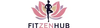 Logo of FitZenHub featuring a silhouette of a woman in a yoga pose standing in front of a stylized lotus flower with pink, purple, and beige petals