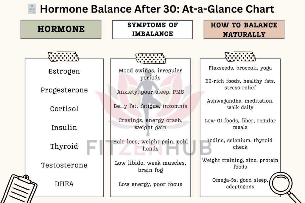 Hormone Balance After 30: At-a-Glance Chart showing three columns: Hormone, Symptoms of Imbalance, and How to Balance Naturally. Hormones listed include Estrogen, Progesterone, Cortisol, Insulin, Thyroid, Testosterone, and DHEA. Symptoms range from mood swings, anxiety, and weight gain to fatigue and poor focus. Natural balancing suggestions include flaxseeds, yoga, Ashwagandha, B6-rich foods, meditation, weight training, and adaptogens. The chart has a soft design with decorative washi tape and the 'FITZENHUB' logo in the background.