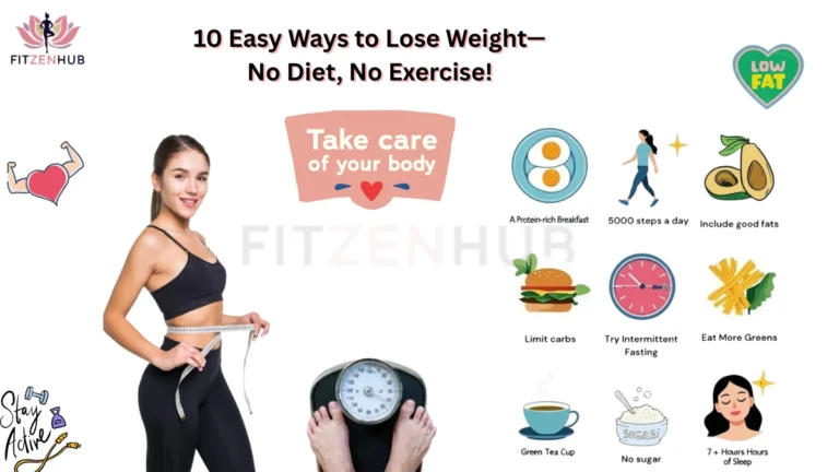 Infographic showing 10 easy ways to lose weight without dieting or exercising, featuring a fit woman, health icons, and lifestyle tips like intermittent fasting, green tea, and 7+ hours of sleep.