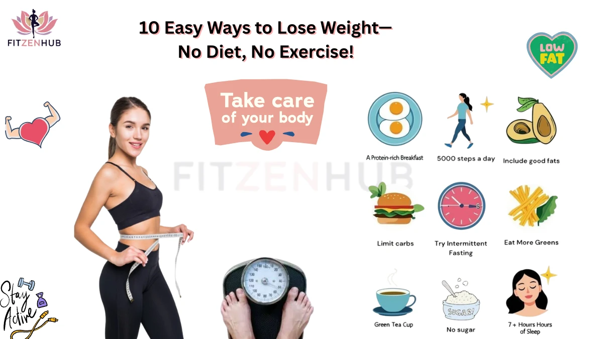 Infographic showing 10 easy ways to lose weight without dieting or exercising, featuring a fit woman, health icons, and lifestyle tips like intermittent fasting, green tea, and 7+ hours of sleep.