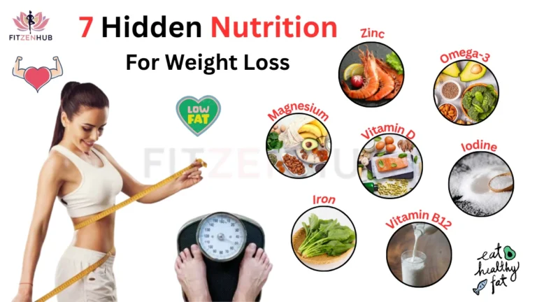 Infographic showing 7 hidden nutrients important for weight loss, including Zinc, Omega-3, Magnesium, Vitamin D, Iodine, Iron, and Vitamin B12, with food images and a fit woman measuring her waist.
