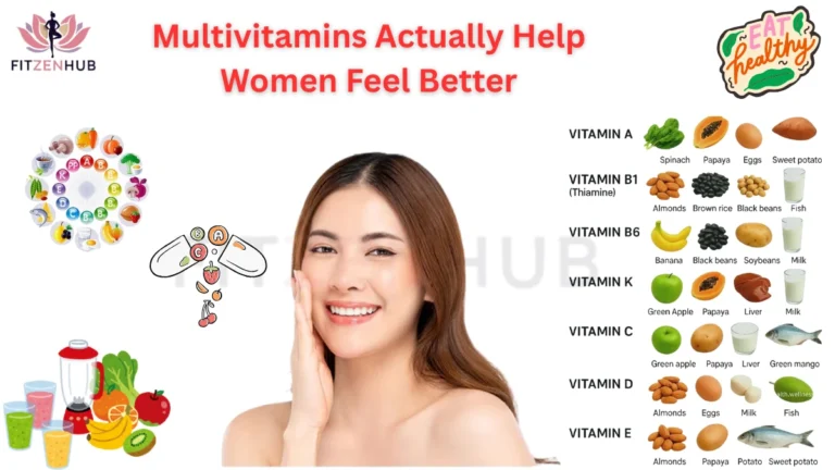 Multivitamins help women feel better – infographic showing vitamin-rich foods like spinach, papaya, eggs, sweet potato, almonds, bananas, green apple, and fish, with a smiling woman and healthy eating icons.