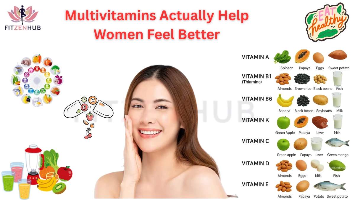 Multivitamins help women feel better – infographic showing vitamin-rich foods like spinach, papaya, eggs, sweet potato, almonds, bananas, green apple, and fish, with a smiling woman and healthy eating icons.