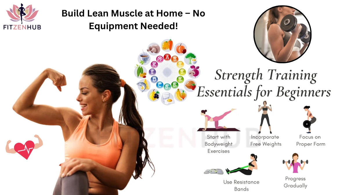 Woman flexing arm in workout clothes with strength training tips for beginners displayed alongside illustrations and text.