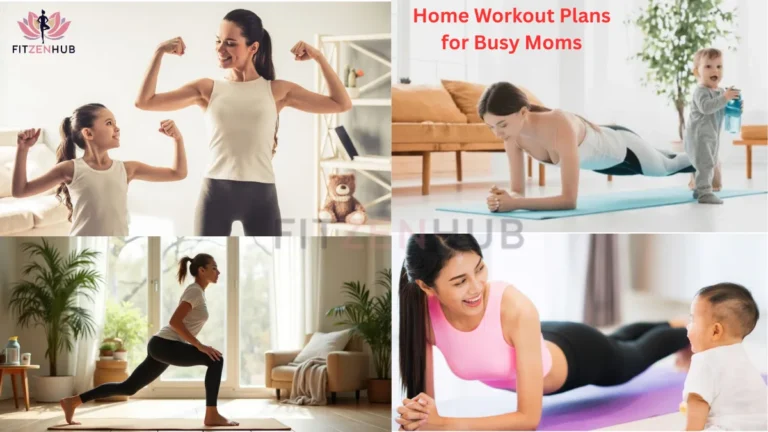 Collage of busy moms doing home workouts with kids, including yoga, planks, lunges, and strength exercises, promoting fitness routines for mothers at home.