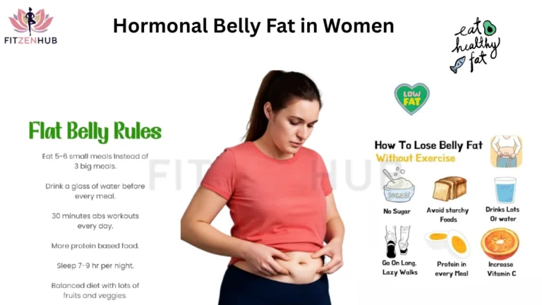 Infographic on hormonal belly fat in women with flat belly rules and tips to lose belly fat, featuring healthy diet, hydration, protein intake, exercise, and lifestyle habits.