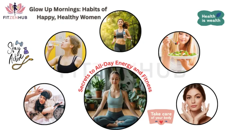 Infographic titled ‘Glow Up Mornings: Habits of Happy, Healthy Women’ featuring visuals of women meditating, drinking water, exercising, eating healthy, sleeping well, and skincare routines.