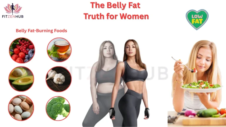 Before and after transformation image of a woman with belly fat reduction; surrounded by healthy fat-burning foods like berries, green tea, avocado, garlic, eggs, and broccoli.
