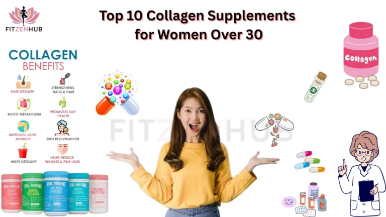 Top 10 collagen supplements for women over 30 with benefits for skin, hair, nails, and joint health – infographic with supplements and happy woman.