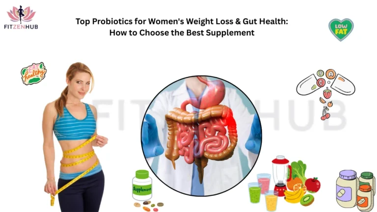 Probiotics for women's weight loss and gut health with visuals of digestive system, supplements, healthy foods, and fitness.