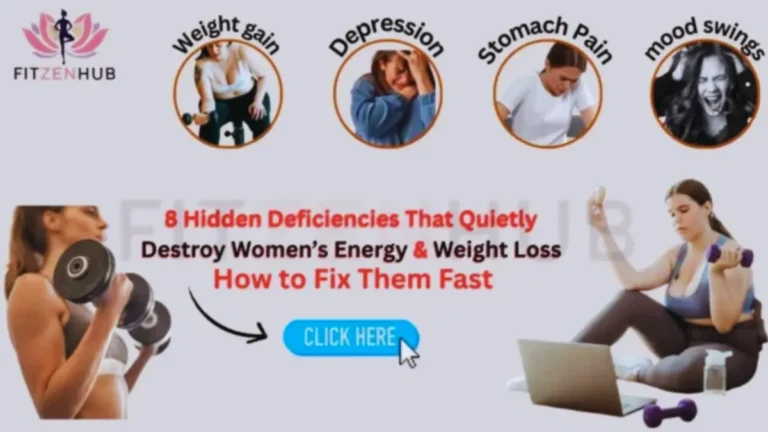 Infographic by FitZenHub highlighting four symptoms—weight gain, depression, stomach pain, and mood swings—caused by hidden deficiencies affecting women’s energy and weight loss, with a call-to-action button that says “Click Here.”