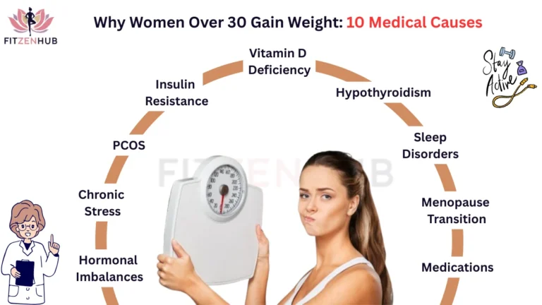 Infographic showing 10 hidden medical causes of weight gain in women over 30, including hormonal imbalances, stress, PCOS, insulin resistance, vitamin D deficiency, hypothyroidism, sleep disorders, menopause transition, and medications.