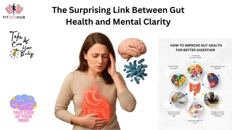 Infographic showing the connection between gut health and mental clarity, with tips to improve digestion such as eating fiber-rich foods, fermented foods, reducing sugar, staying hydrated, managing stress, and getting quality sleep.